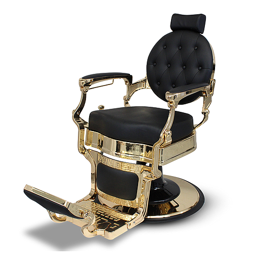 Salon360 New Prince Gold Barber Chair - Black Vinyl, Studded back