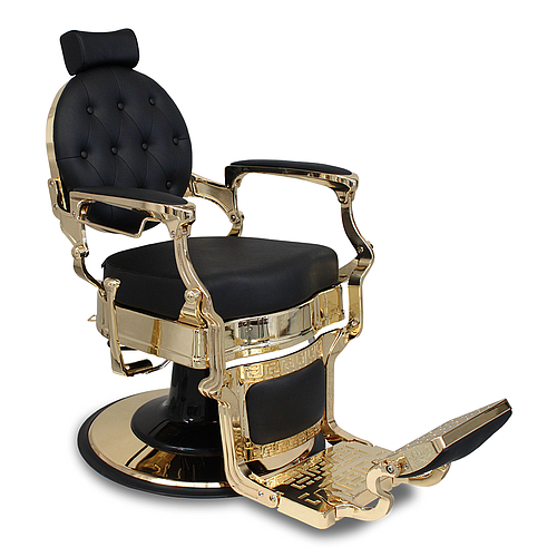 Salon360 New Prince Gold Barber Chair - Black Vinyl, Studded back